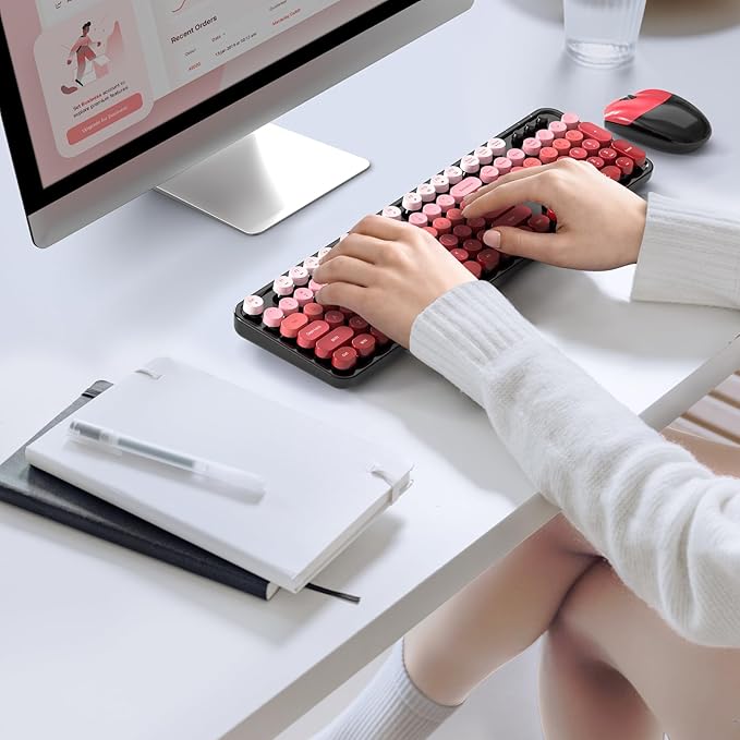 MOFII Wireless Keyboard and Mouse Combo, Full Size 2.4G Plug and Play Typewriter Retro Round Computer Keyboard and Mouse Set for Windows, Computer, Desktop, PC, Notebook - (Black Red Gradient)