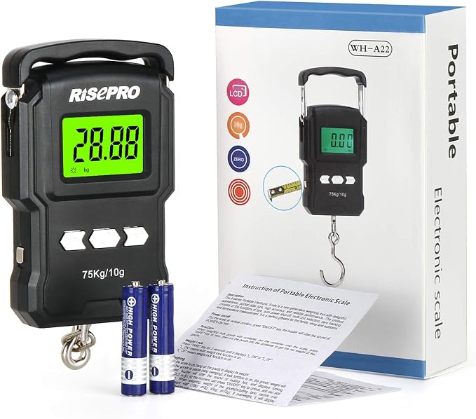 RISEPRO® 75Kg / 165Lb Digital Fish Scale with 39 Inch Ruler Electronic Luggage Balance Fishing Postal Hanging Hook Scale WHA08