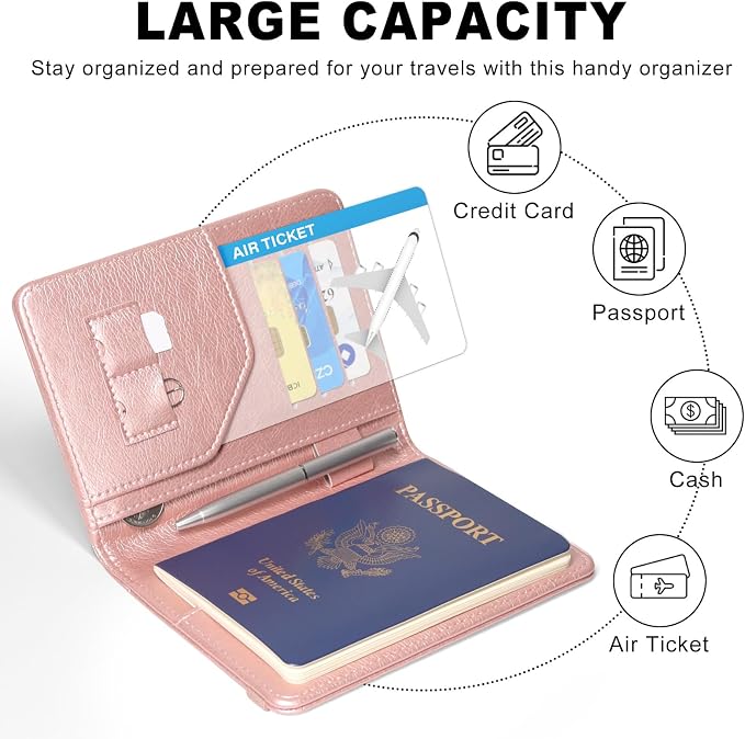 ACdream RFID BLOCKING Passport Holder Travel Wallet, Premium PU Leather Cover Passport Book with Card Holder, Pen Holder, Keep Organization, and Travel Essentials for Women and Men, Rose Gold