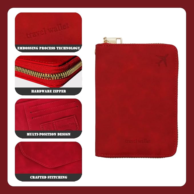Passport Holder with Tether and Carabiner Clip to Prevent Loss and Theft, Rfid Passport Holder for Travel, Passport Cover, Wallet & Case for Men and Women (Red - Tether and Carabiner)