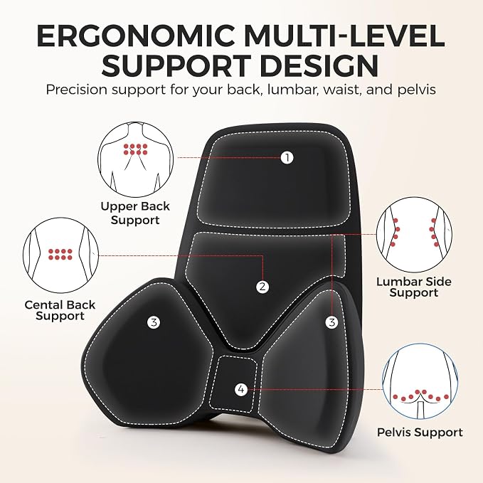 BEBAS Ergonomic Memory Foam Extended Lumbar Support Pillow for Car, Black | Extended Full Back Support, 2-in-1 Detachable Design Lumbar Cushion, Breathable Washable Cover, Fits for Driving, Office