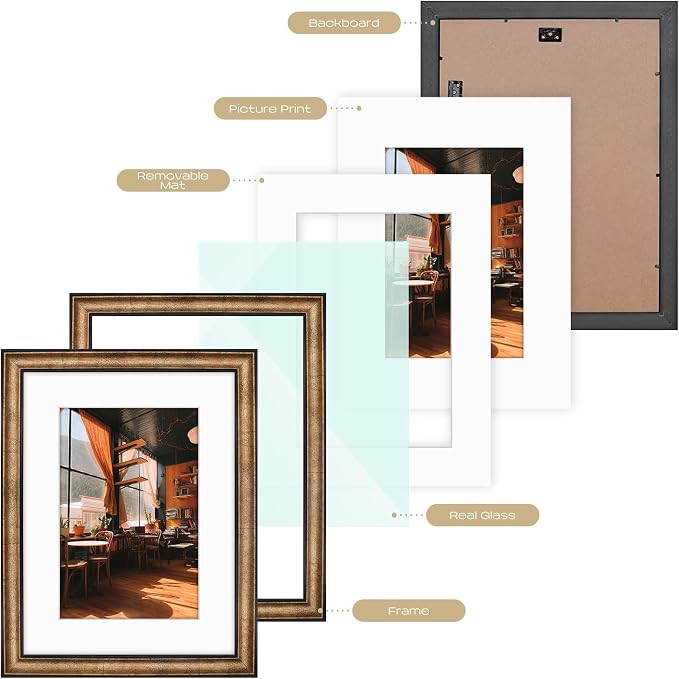 Golden State Art, 12x16 Black Trim Gold Frame - White Mat for 8x12 Photo - Vintage Antique Style - Brushed Texture Finish - Wall Mounting - Portrait/Landscape - Tempered Glass