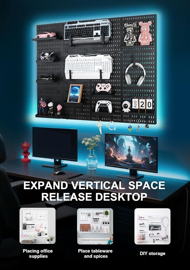 Pegboard Wall Organizer Kit – Heavy Duty 20lbs Load Bearing, Easy Installation, 4 Peg Board Panels 14 Accessories – Multi-Surface Use For Garage, Office, Kitchen & Crafts (Black Pegboard,24″×24″) | 24 x 24 Inch Modular Peg Board Panels with 14 Accessor...