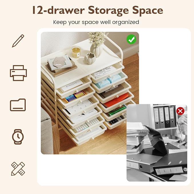 COSTWAY 12-Drawer Rolling Storage Cart, Utility Storage Organizer Cart | For Tools, Scrapbook, Paper, Craft, Multipurpose Art Supply Organizer on Wheels for Home Office School, Teacher, Ivory White