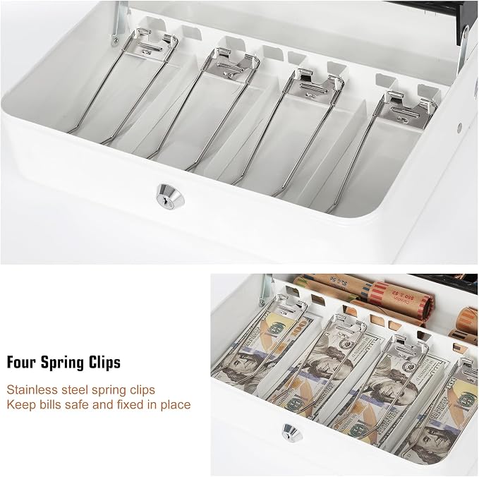 Sumerfnt Cash Box with Lock and Money Tray Money Box for Cash, Metal Lock Box for Money Cash Register - 11.8" x 9.4" x 3.54" White