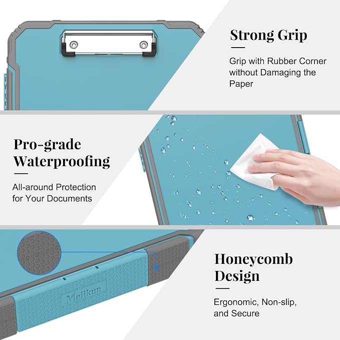 Meiikun Clipboard with Storage, Rugged Shockproof Protective, Internal Pen Pouch & Metal Clip, Heavy Duty Plastic Clip Boards 8.5x11, High Capacity Contractor Folder for School Office (Light Blue)