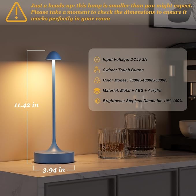 Kakanuo Rechargeable Cordless Table Lamp, Battery Operated Lamps, 3-Color Stepless Dimming, Portable Wireless Desk Lamp, LED Lighting for Dining Room, Restaurant, Office, Bar, Home(Navy 2 Pack)