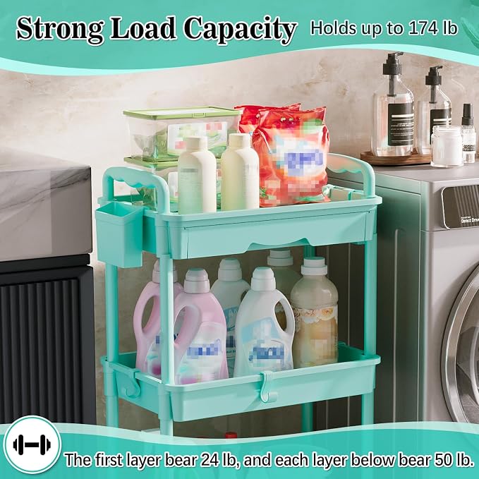 SUNALLY 3 Tier Rolling Cart with Drawer, Craft Storage Cart Organizer, Blue | Bathroom Storage Organizer with 2 Lockable Wheels, Rolling Utility Cart for Kitchen, Office, Baby, Makeup, Nail,Snack,Laundry