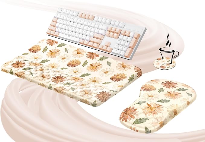 Ospelelf Keyboard Wrist Rest and Mouse Pad Set, Ergonomic Memory Foam Wrist Support, Aesthetic Desk Accessories for Office, Home & Gaming, Relief for Carpal Tunnel & Wrist Pain, Daisy