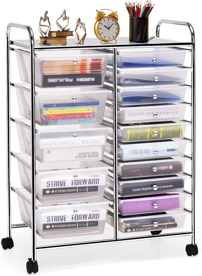 COSTWAY 15 Drawer Rolling Storage Cart, Mobile Storage Organizer | Removable Drawers & Metal Frame, Multipurpose Utility Tools Paper Organizer on Wheels for Home, Office (Transparent)