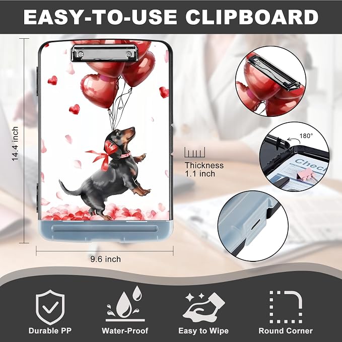 Clipboard with Storage,Storage Clipboard with Pen Holder,Heavy Duty Plastic Storage Clipboard with Low Profile Clip,Teacher Must Haves,Clipboard Folder,Office Supplies,red Balloon and Dog -1333