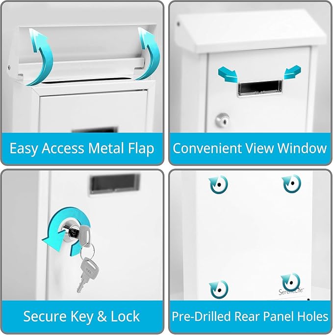 Serenelife Weatherproof Wall Mount Locking Mailbox Galvanized Steel Drop Box with Metal Flap for Mail Letters, Newspaper, Money Box, Decorative Mailboxes for Outside, Home Office, Businesses