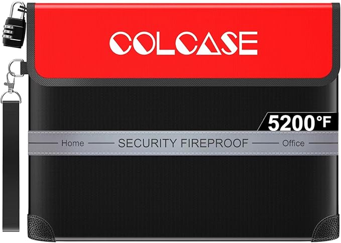 COLCASE Fireproof Document Bag 5200℉ Heat Insulated Waterproof Fireproof | Silicone Coated Fiberglass Fireproof Bag wih Lock 15x11 inches Zipper Bag Black