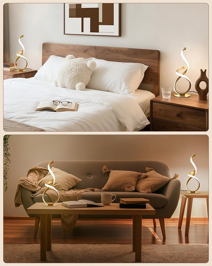 2 Pack Bedside Table Lamp, LED Spiral Desk Light, Touch Dimmable | 3 Color Temperature, Modern Nightstand Light for Night Stands, Unique Side Light for Bedroom, Living Room, Gold