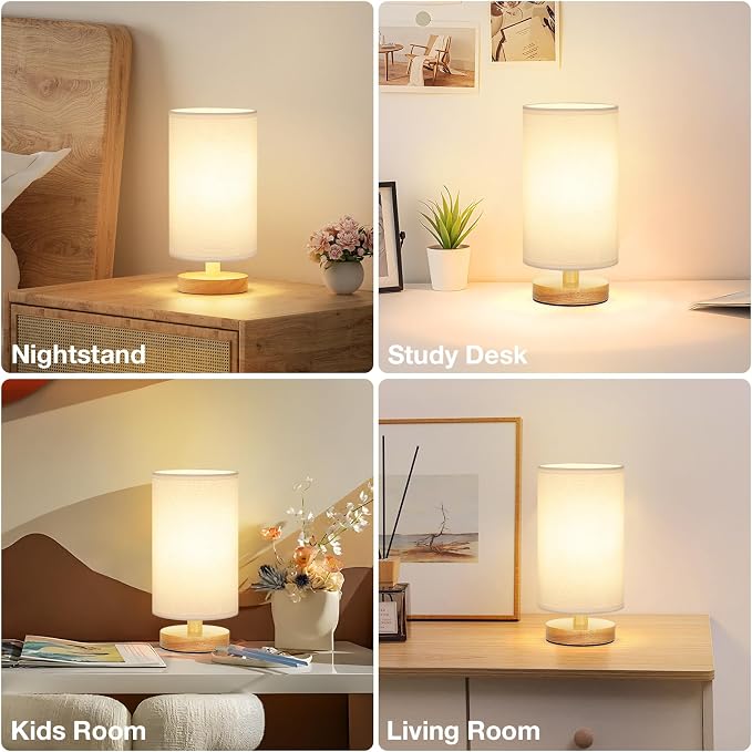 Small Table Lamps (White Shade - Wood Base, 9" Inline Control) | 3000K LED Blub Included | 680 Lumens | Easy Assembly | Minimalist Design | E26 | for Kitchen | for Kids Room