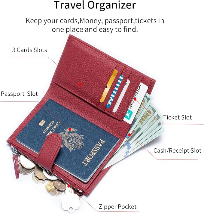 Passport wallet and Card Slot Combo RFID Blocking Leather Travel Passport Wallet for Men and Women with Zippered Coins Pocket Passport holder, WineRed