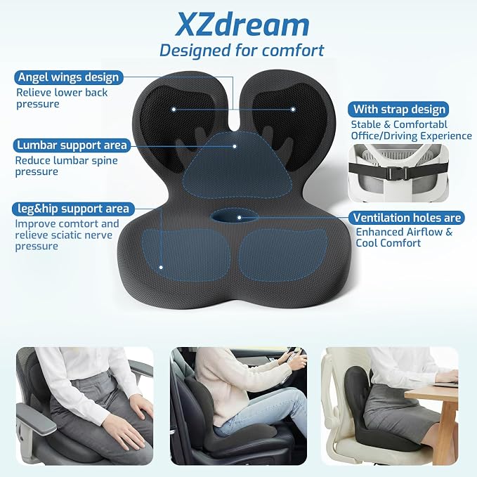 Seat Cushion, Office Chair Cushion with Lumbar Support Pillow, Memory Foam Car Cushions, for Long Sitting, Tailbone & Back Pressure Relief,Sciatica Pad for Office, Car, Home Chairs