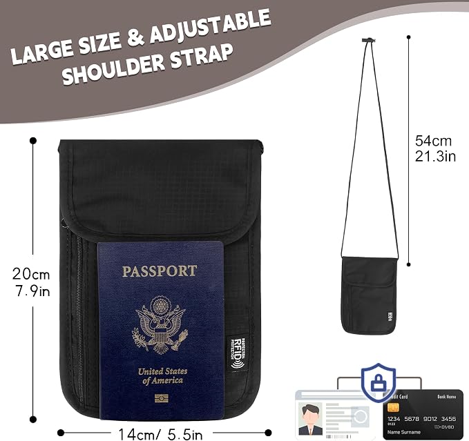 Likesing 5.5" L x 7.9" W Travel Neck Wallet, RFID Passport Holder (Black) | RFID Blocking Passport Holder for Travel, Security Lightweight Passport Travel Wallet, Neck Pouch Gifts for Women Men