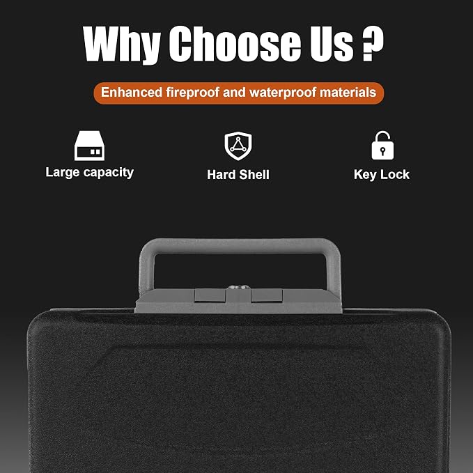 Fireproof and Waterproof Safe, fire safe document box with Sensor light, Portable Lock Box with Key Lock and Ergonomic Handle, 1 Hour at 1700°F, 72 Hours Waterproof