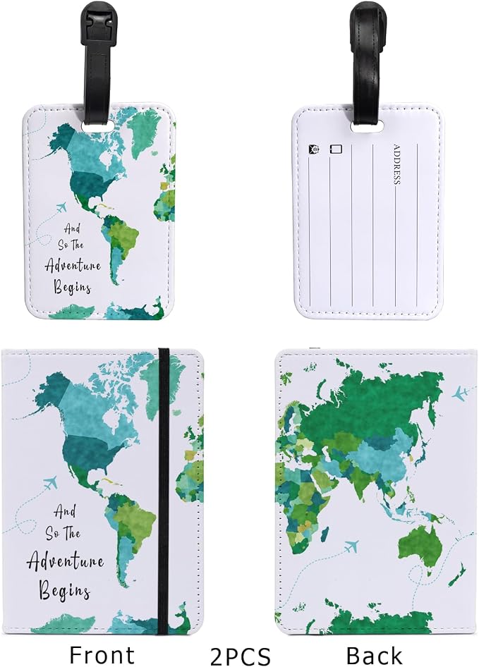 PDE-QUNLIAN Passport Book Holder,Passport Wallet for Men Mr and Mrs Passport Holder for Women Passport Cover World Map Passport Case for Couples Christmas Traveling Luggage Tag 2PCS