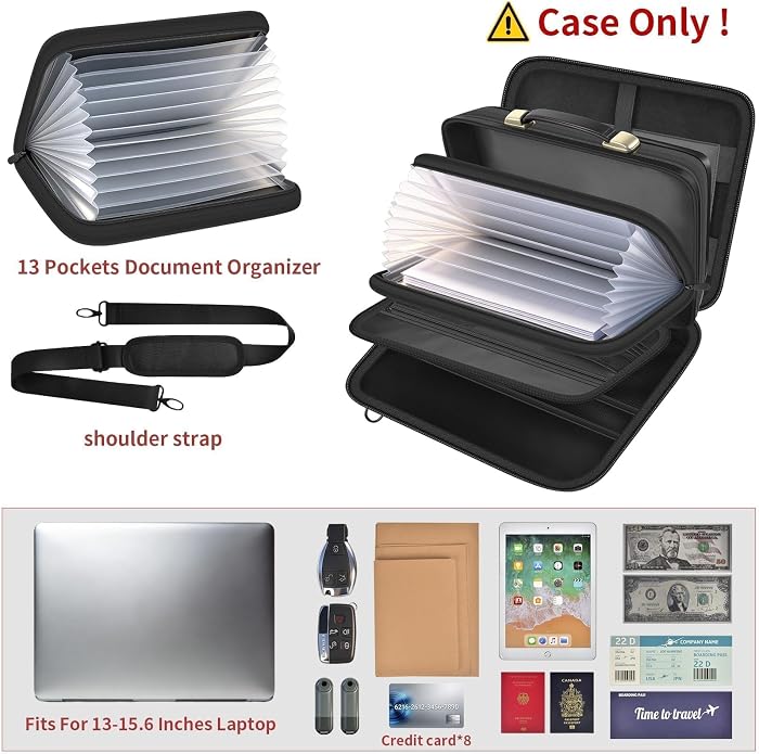 3200℉ Fireproof Briefcase 15.6in Laptop, Legal Size Organizer Filer | Includes13-pocket accordion folder,UL-94 VTM-0 Certified 6-layer,Waterproof Sealed Zippers,Dual-compartment,Bags Only