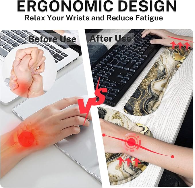 Ergonomic Mouse Pad Set with Wrist Rest, Black Gold Marble | Abstract Non-Slip Rubber Base Wrist Cushion Support and Coasters Mousepad with Wrist Support for Computer Keyboard