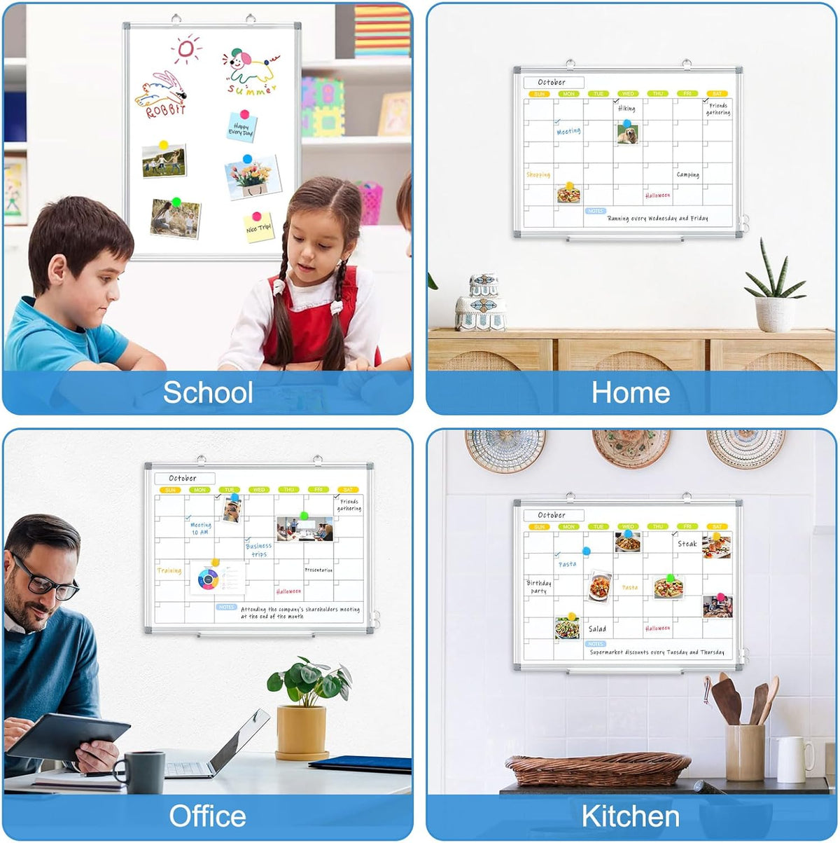 Dry Erase Calendar Whiteboard for Wall, WALGLASS 24" x 18" Magnetic White Board, Monthly Dry Erase Calendar with Silver Aluminum Frame, Double-Sided Hanging Portable Board for Office, Home, School