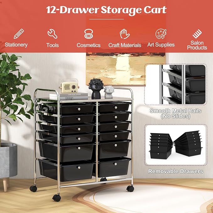 BECOMFORT 12-Drawer Rolling Cart with Drawers, Storage Cart on Wheels, Teacher Classroom Organizers with Metal Frame, Mobile Craft Cart, Trolley Utility Cart for School Office Play Room