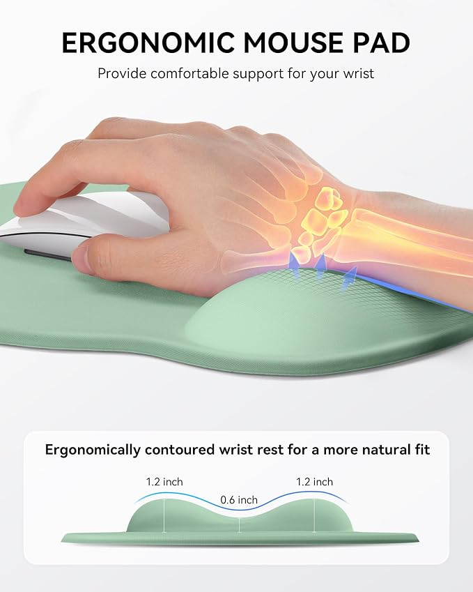 Mouse Pad with Wrist Rest for Desktop Large Ergonomic Mouse Mat(Green) | 10.6''L x 9''W Size, Gel Wrist Support, Non-slip Base, Washable Surface, Laptop Mousepad