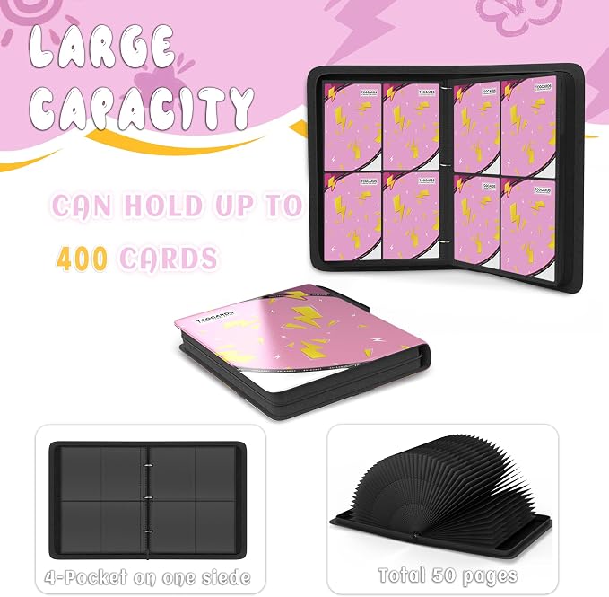 Trading Card Binder 4 Pocket,Card Binder 400 Pockets,Card Book Holder Cards with 50 Removable Sleeves,3-Ring Zip Design MTG/TCG/Sport Collectible Trading Card Albums Gifts for Boys and Girls (Pink)