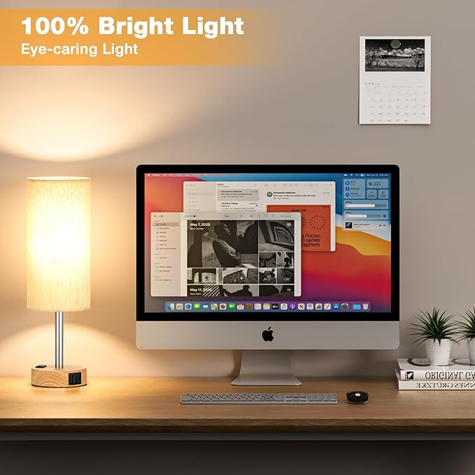 Touch Bedside Table Lamps Set of 2 - Bedroom Lamp with USB A+C, AC Outlet | 3-Way Dimmable, LED Bulb Included, Linen-Texture Fabric Lampshade, Wood-Grain Metal Base, 14" Small Nightstand Lamp for Dorm