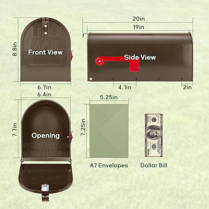 Brown Mailboxes for Outside, RAINHOL Post Mount Mailbox, Galvanized Steel Medium Capacity Mail Boxes, 19 x 8.7 x 6.7 Inches