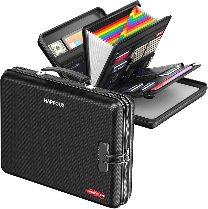 Fireproof Document Organizer with Lock, Fireproof Document Box | Portable Fireproof Document Box Hard-Shell Document Organizer Storage for Documents Laptop Passports Black