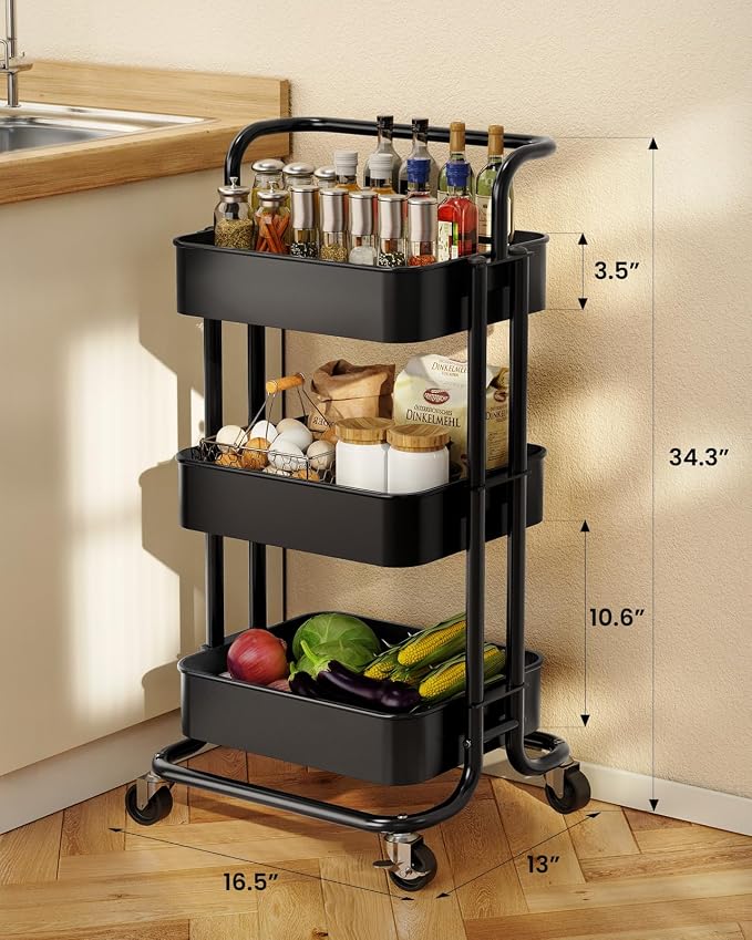 Pipishell Metal 3 Tier Rolling Cart with Handle & 2 Lockable Wheels, Black | Four Large 2" Wheels for Easy Motion, Sturdy Metal, Hold 22 lbs per Shelf, Ideal for Nursery Room, Living Room, Painting Room