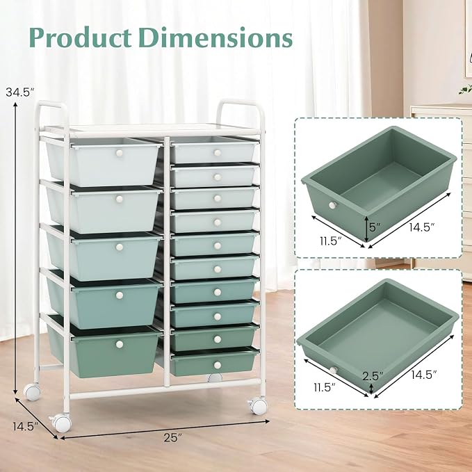 15 Drawer Rolling Storage Cart, Rolling Cart with Drawers for Classroom, Art Supply Craft Organizer on Wheel with Metal Frame & Handles for Home Office School (Gradient Green, 15 Drawer)