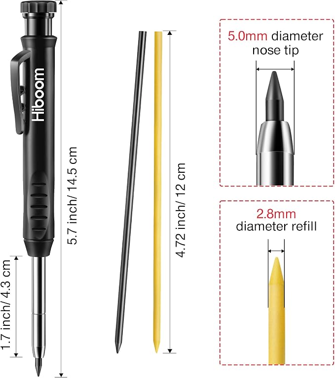 Hiboom Mechanical Carpenter Pencil with 7 Leads, Deep Hole Marker, Black | Built-In Sharpener, Long Nose Construction Pencil, Pocket Clip Design, Woodworking Tools, Marks on Various Surfaces