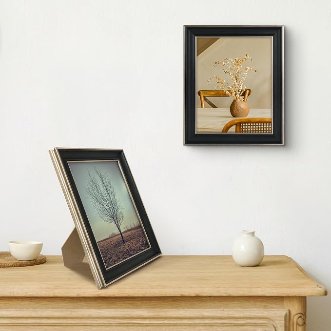 Golden State Art, 8x10 Antique Black with Silver Trim Color Frame - Easel Stand, Sawtooth Hanger - Landscape, Portrait Display - Great for Postcards, Photographs