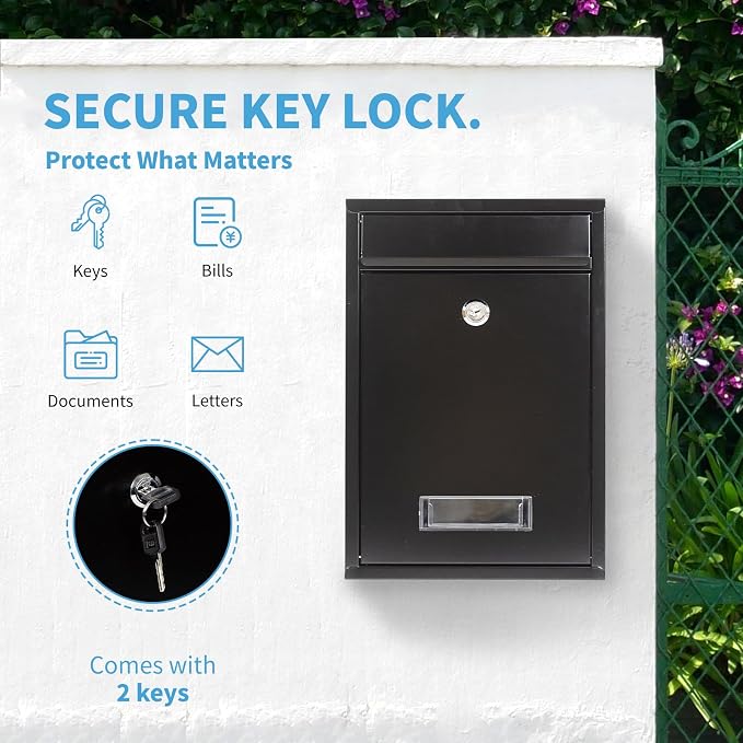 RAINHOL Wall Mount Mailboxes for Outside with Key Lock, Galvanized Steel Locking Mailbox, Waterproof Secure Mail Drop Box, Medium Capacity, 12.6 x 8.5 x 3.3 Inches, Black