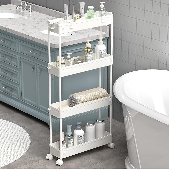 Slim Storage Cart 4 Tier,Bathroom Organizer Rolling Utility, Mobile Shelving Unit Slide Out for Office, Kitchen, Laundry Room & Narrow Places,White