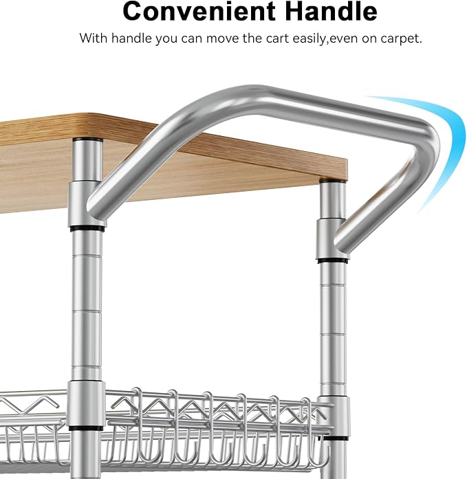 3 Tier Rolling Kitchen Carts with Wheels, Heavy Duty Rolling Utility Cart with Wood Tabletop, Commercial Grade Metal Cart with Handle and Hooks, NSF Storage Serving Island Carts, Light Wood+Metal
