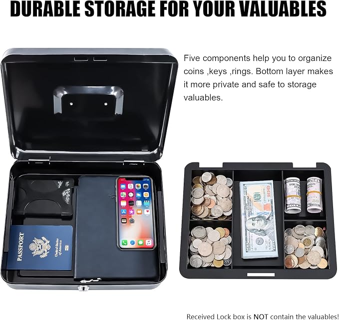 KYODOLED Metal Cash Box with Money Tray and Lock,Money Box with Cash Tray,Cash Drawer,11.81"x 9.45"x 3.54" Black X Large