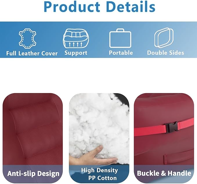 YOUFI Leather Seat Cushion Extra-Thick Booster for Office Chair to Rise Height - Full Filling for Support - with Breathable Cover, Handle and Buckle - Relieves Back Pain – 18"x16"x6" (Red)