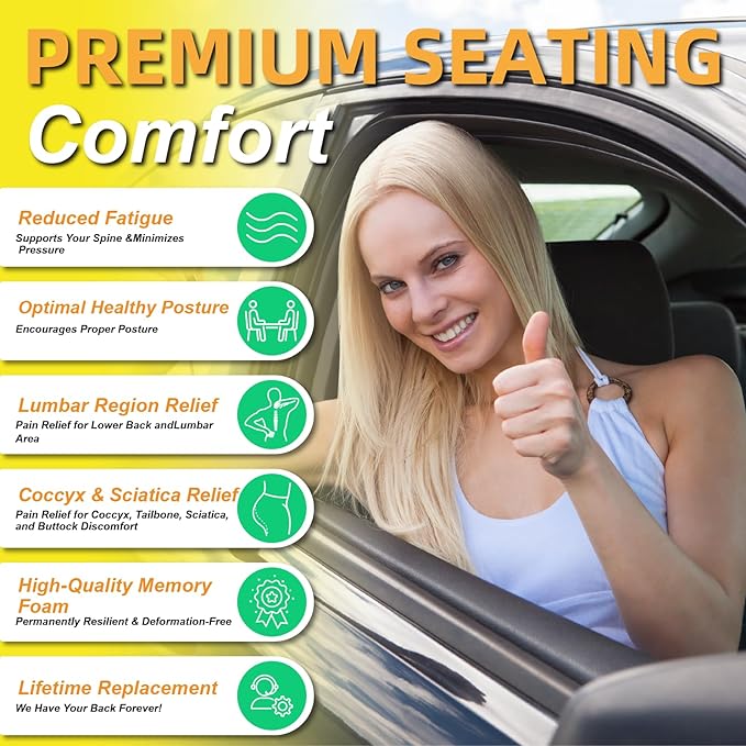 kingphenix Car Seat Cushion with Back Support Pillow, Memory Foam, Grey | Memory Foam Car Cushion for Long Driving, Truck, Office Chair, Tailbone and Lower Back Support