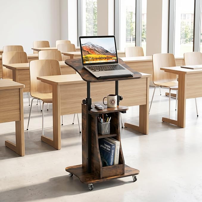 Tangkula Mobile Lectern Podium, Height Adjustable Podium Stand, Sit-to-Stand Desk with Tilting Tabletop & Storage Shelves, Rolling Laptop Cart Desk with Lockable Casters for Home Office School