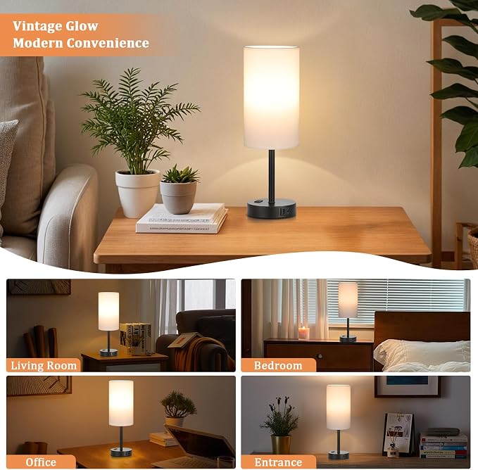 Touch Bedside Table Lamps Set of 2 - Bedroom Lamp with USB A+C, AC Outlet | 3-Way Dimmable, LED Bulb Included, White Fabric Lampshade, Matte Black Metal Base & Pole,17" Tall Nightstand Lamp for Desk