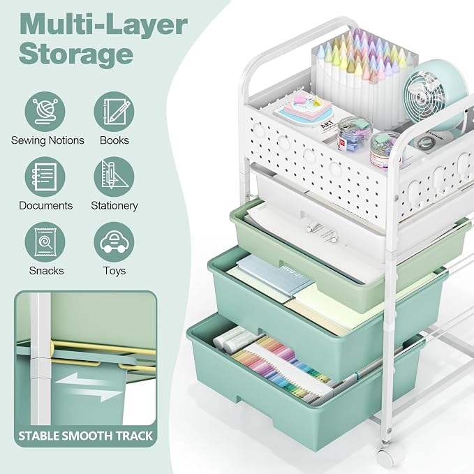 4 Drawer Rolling Storage Cart with Pegboard Top and Hooks, Gradient Green | Mobile Organizer Cart with Wheels for Office Supplies, Craft Storage, Classroom Organization, Home Utility Cart