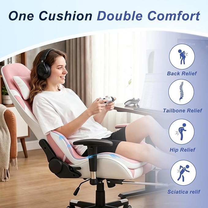 Seat Cushion for Office Chair and Car, Ergonomic Memory Foam Seat Cushion with Lumbar Support Pillow, Orthopedic Cushion for Sciatica & Back Pain, Pink & Light Gray