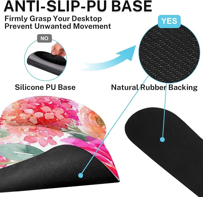 Ergonomic Mouse Pad Set with Wrist Rest, Pink Floral | Flower Peony Non-Slip Rubber Base Wrist Cushion Support and Coasters Mousepad with Wrist Support for Computer Keyboard