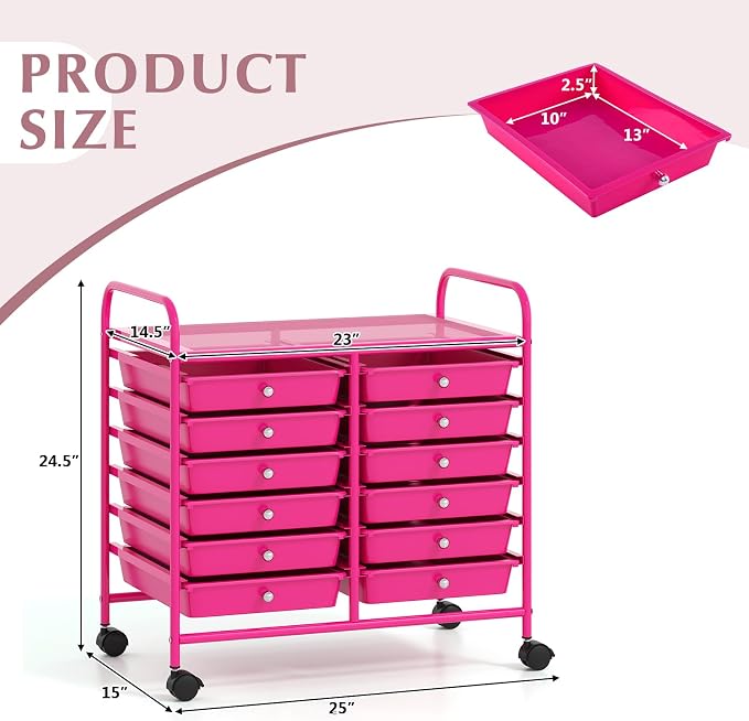 COSTWAY 12-Drawer Rolling Storage Cart, Utility Storage Organizer Cart | For Tools, Scrapbook, Paper, Craft, Multipurpose Art Supply Organizer on Wheels for Home Office School, Teacher, Hot Pink