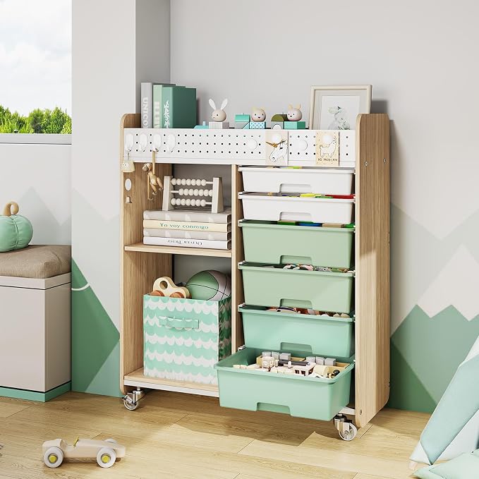 Rolling Craft Cart with 6 Drawers, Pegboard and Locking Wheels Green | Ample multi-zone storage, 2 open shelves, art cart for classrooms, homeschool and offices, sturdy wood-metal frame